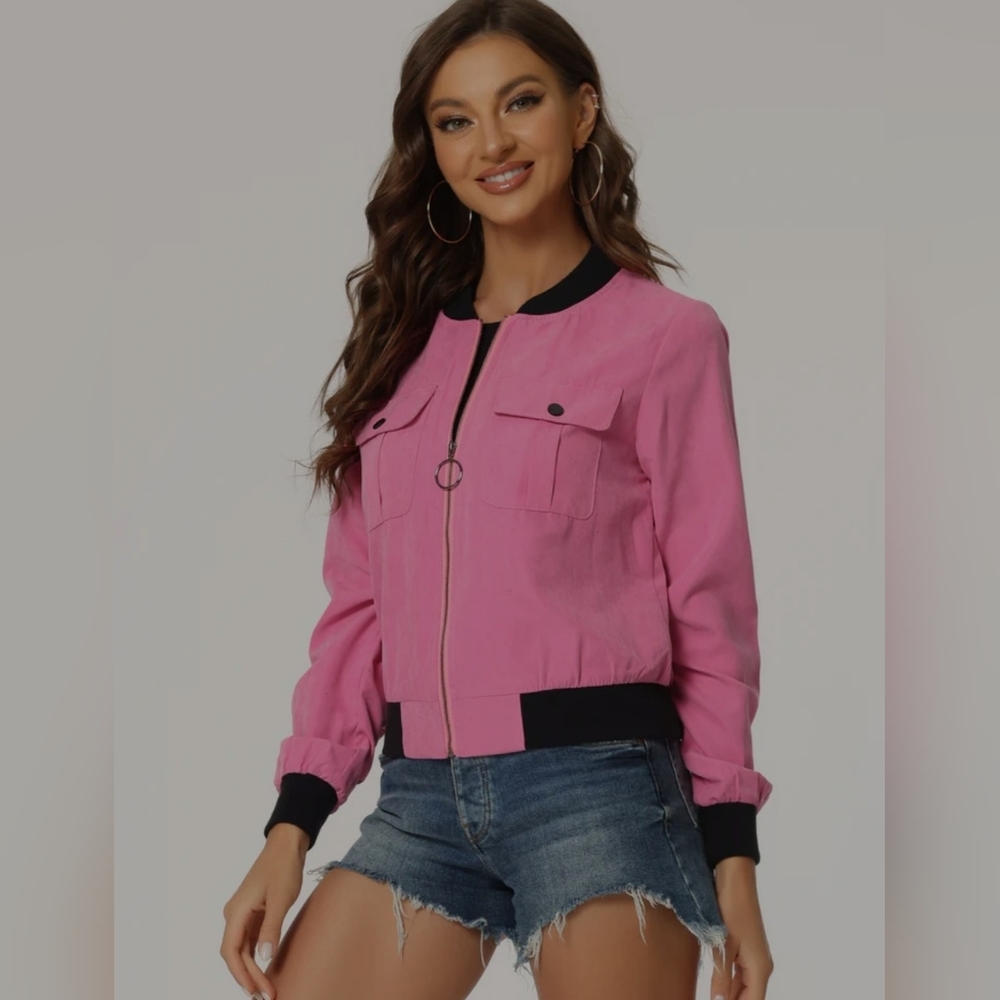 Allegra K Pink Bomber Jacket with Black Trim